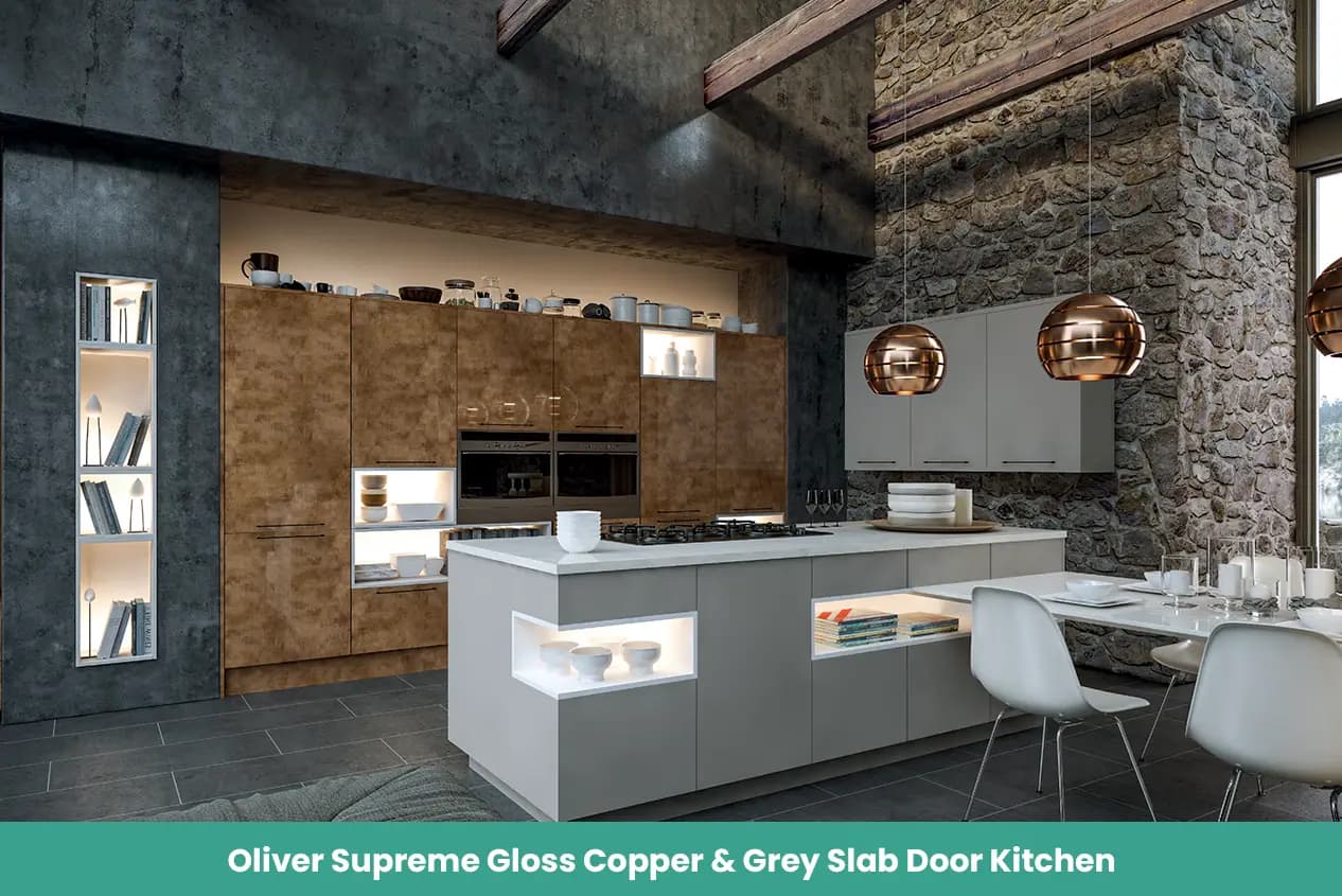 Oliver Supreme Gloss Copper Grey Slab Door Kitchen