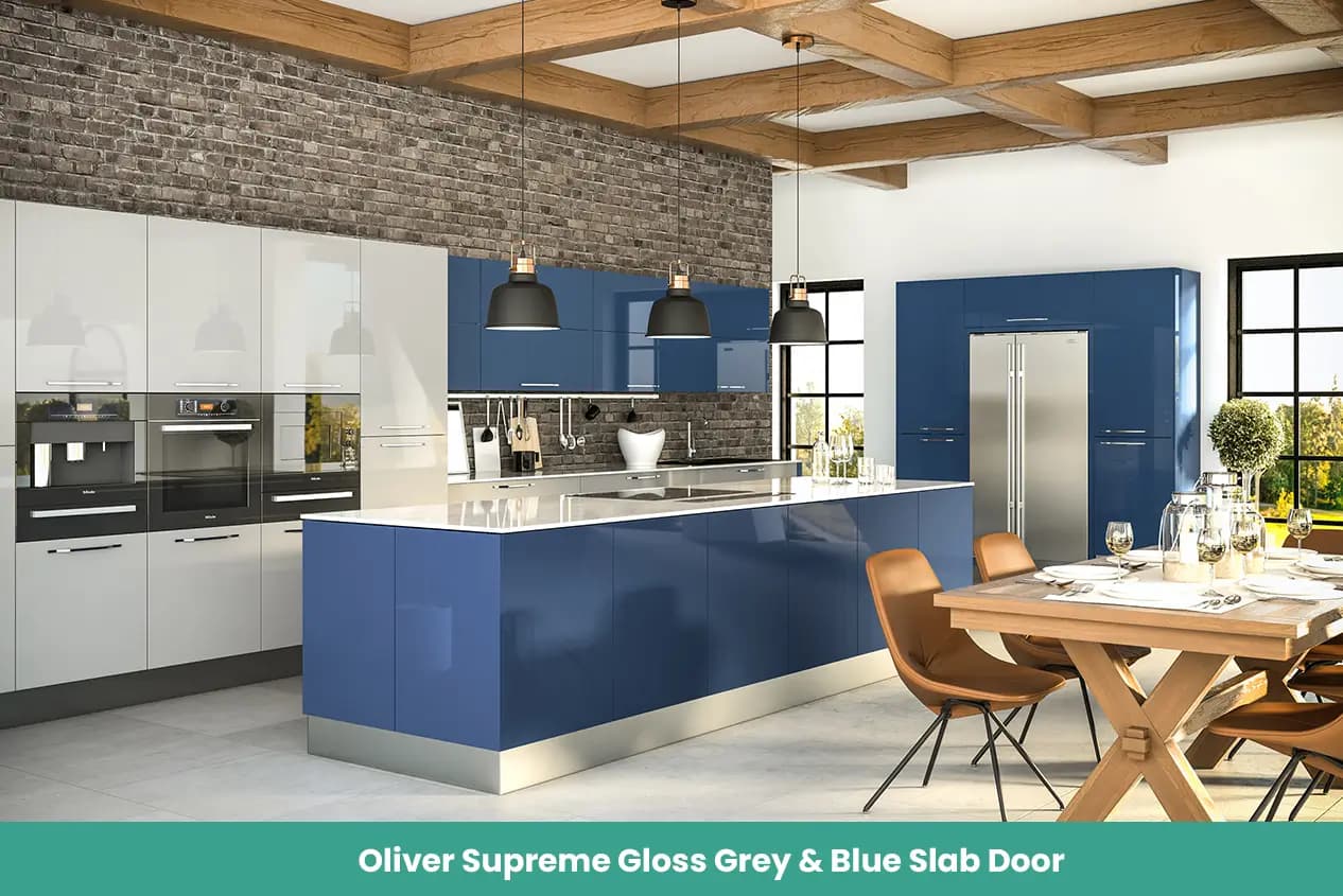 Oliver Supreme Gloss Grey Blue Slab Door Kitchen
