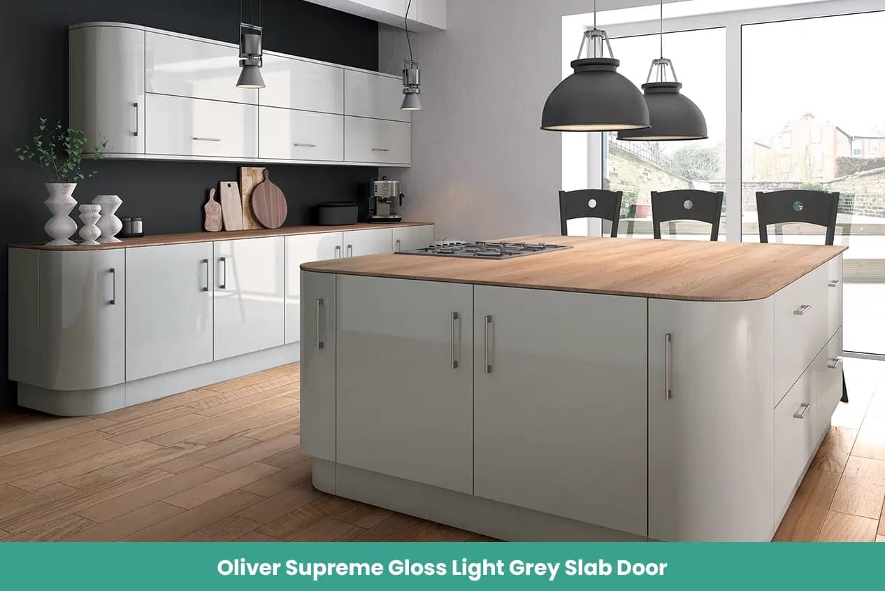 Oliver Supreme Gloss Light Grey Slab Door Kitchen