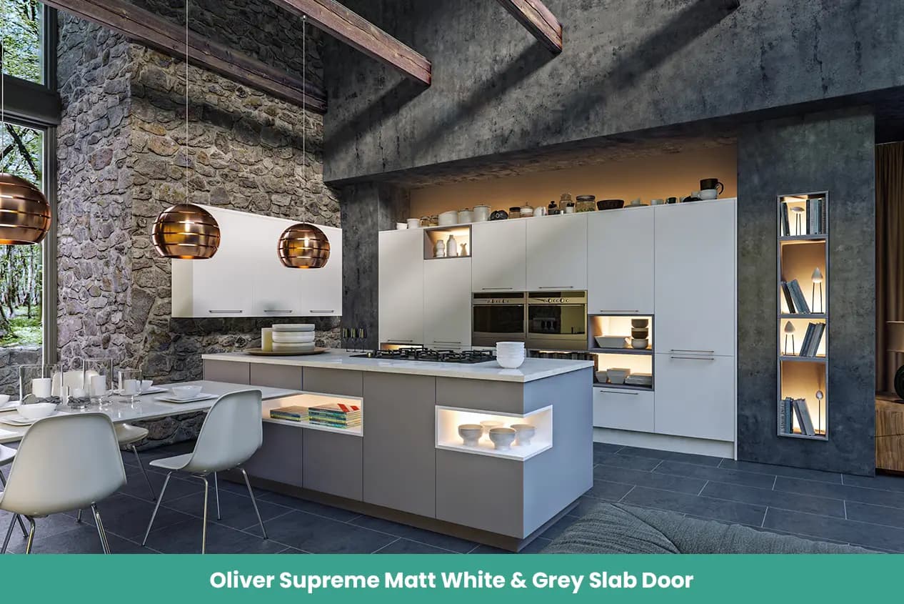 Oliver Supreme Matt White Grey Slab Door Kitchen