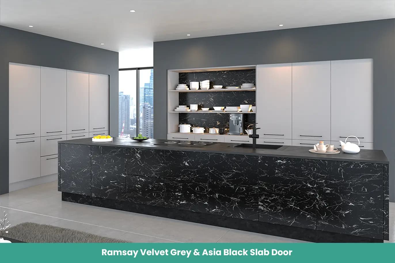 Ramsay Velvet Grey Asia Black Slab Door KItchen