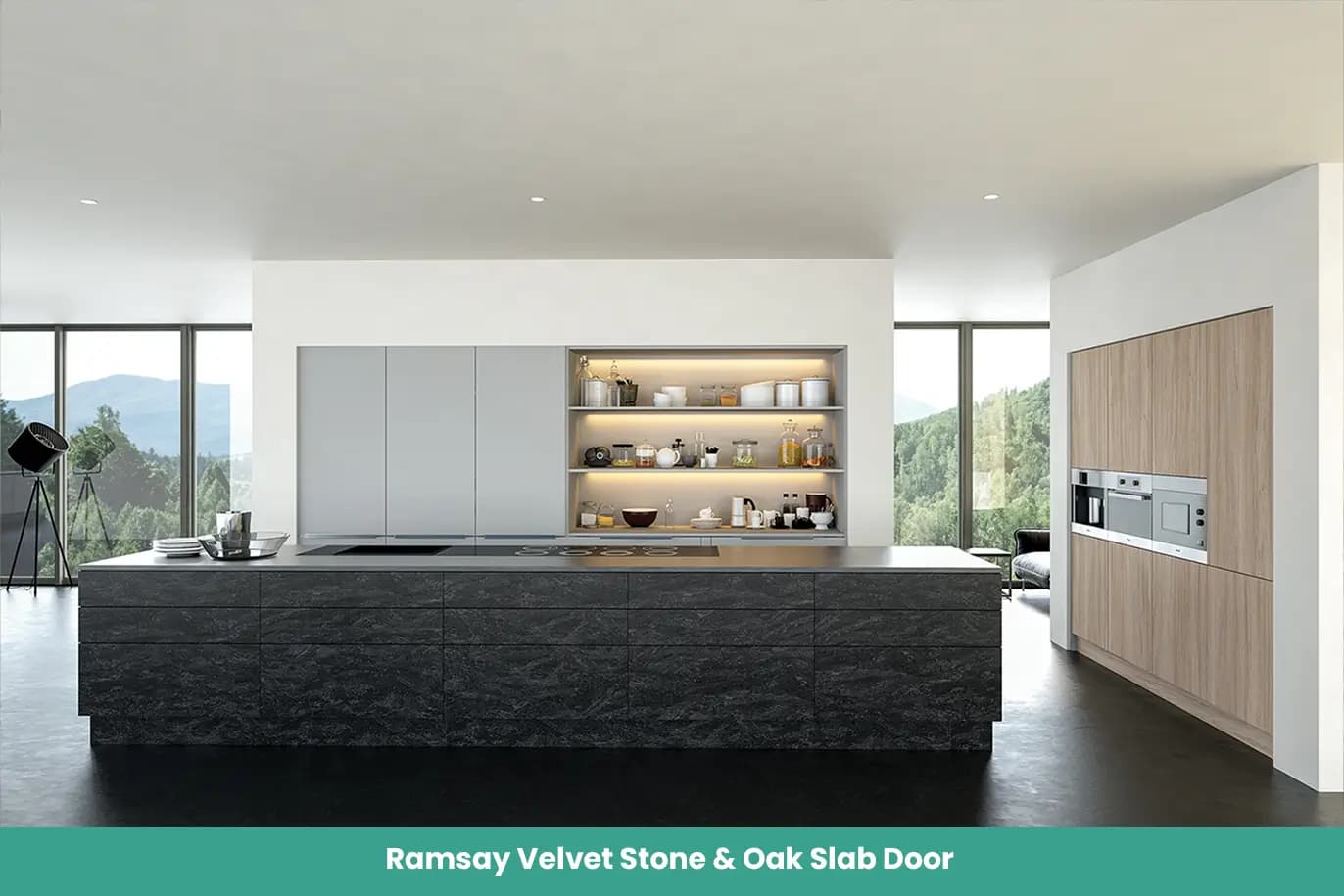 Ramsay Velvet Stone Oak Slab Door Kitchen Integrated Metal Handle